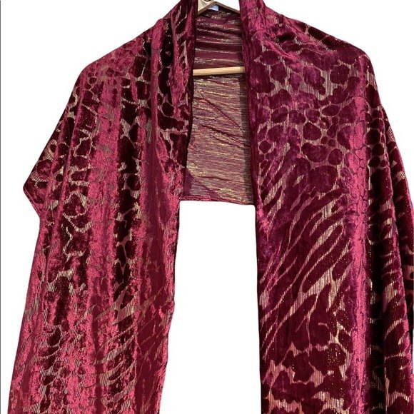 INC Animal Print Velvet Dark Red Gold Embellished Fringe Scarf - Picture 2 of 5